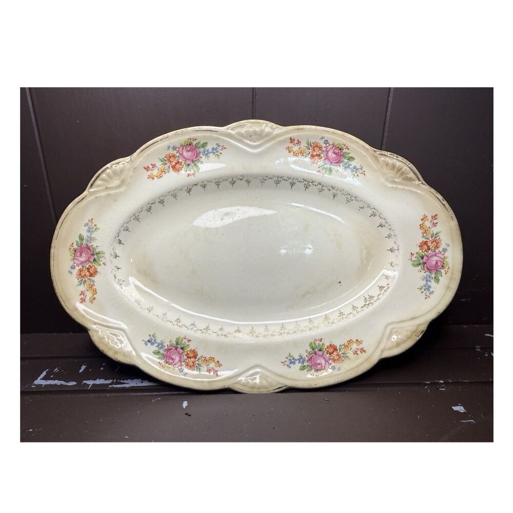 Homer Laughlin M44N8 Vintage Floral Oval Ceramic Platter, Glossy, Made in USA